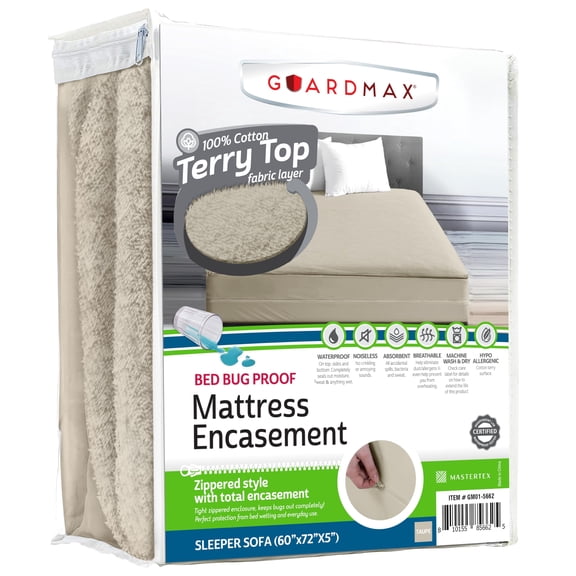 Guardmax Terry Cotton Zippered Mattress Encasement - Sleeper Sofa Size - 100% Waterproof and Bed Bug Proof Mattress Protector - Absorbent Six-Sided Mattress Cover (Terry Cotton, Sleeper Sofa)