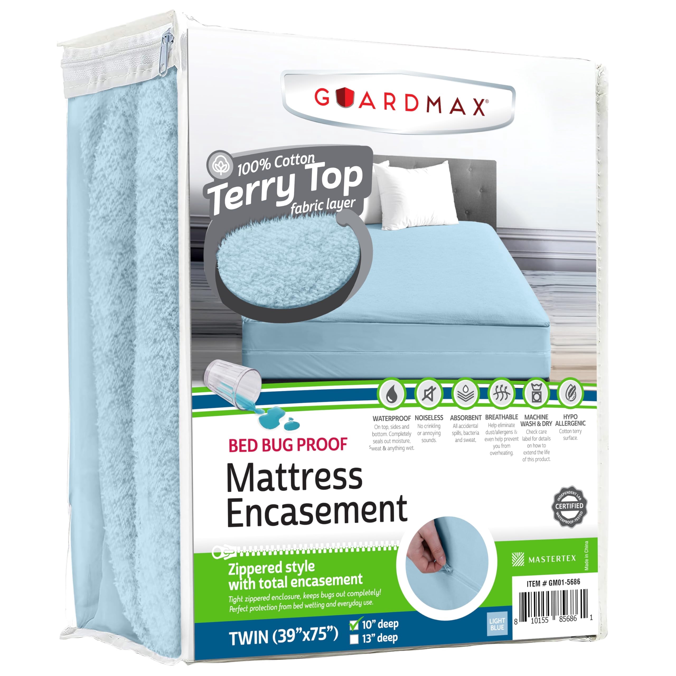 Guardmax Terry Cotton Zippered Mattress Encasement - Twin Size - 100% ...