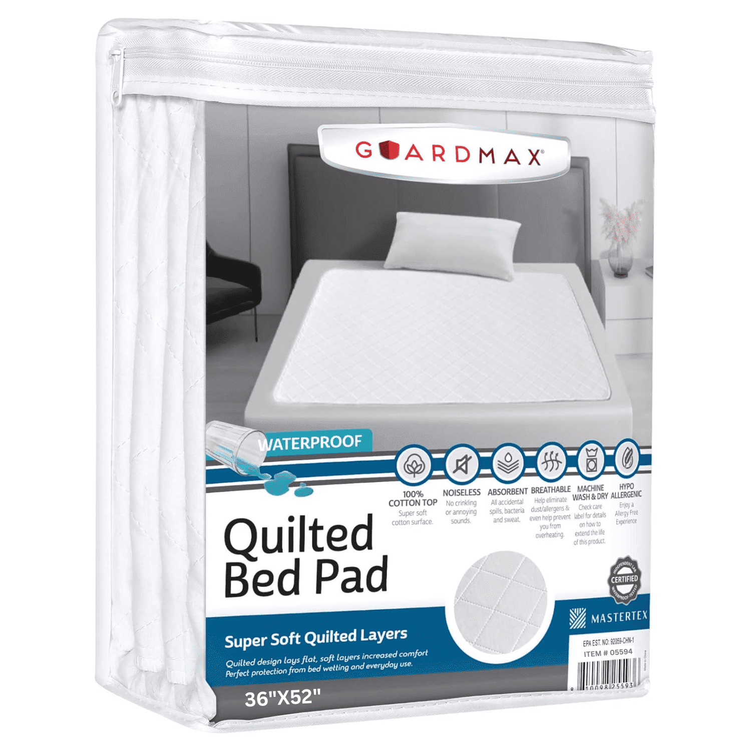 Guardmax Waterproof Incontinence Quilted Bed Pad - Washable & Absorbent Bed Pad for Elderly, Adults, Kids, and Pets. Reuseable Underpad Remains Soft and Comfortable After Every Wash. (36X 52)