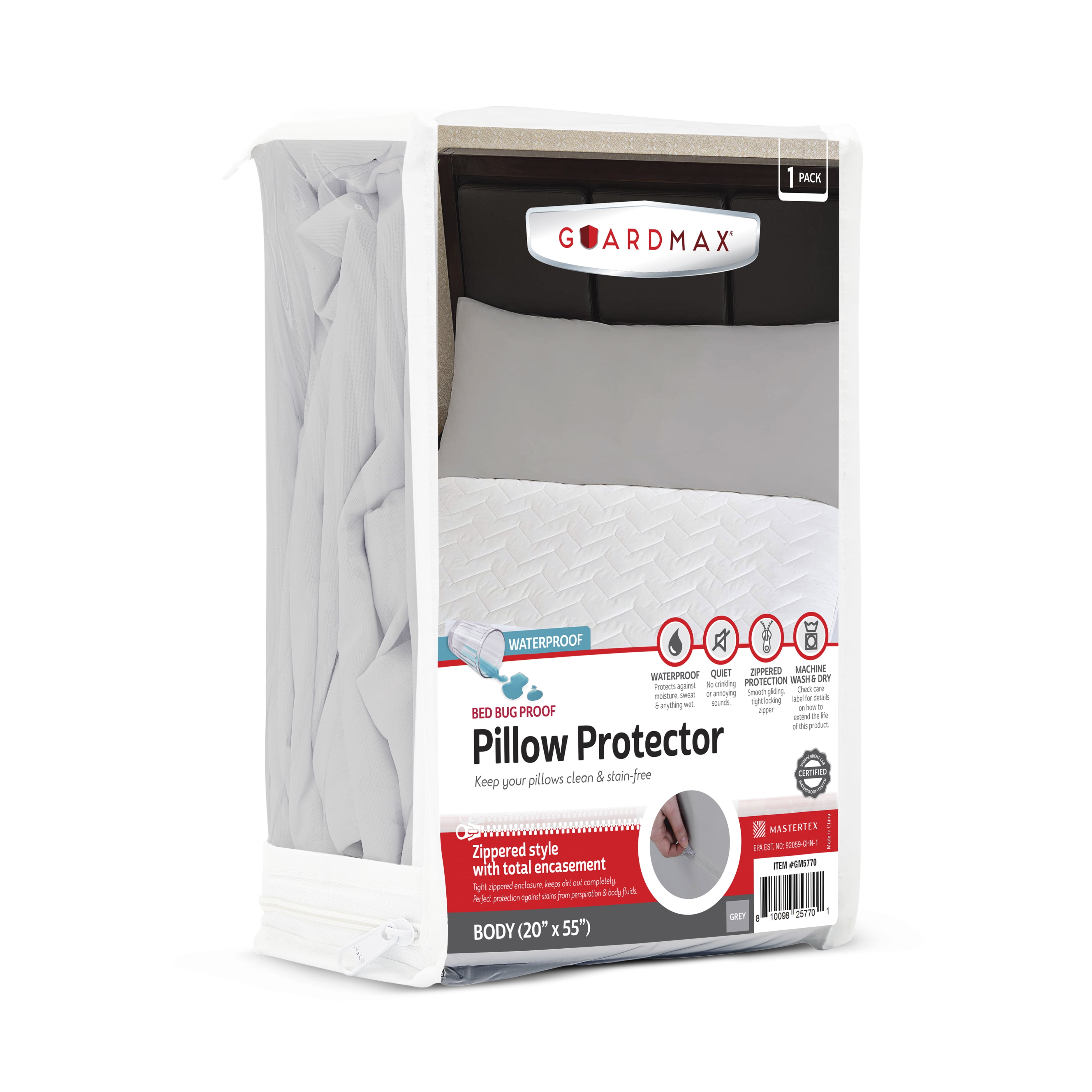 Guardmax Waterproof Pillow Protector Grey Body Size Zippered Bed Bug