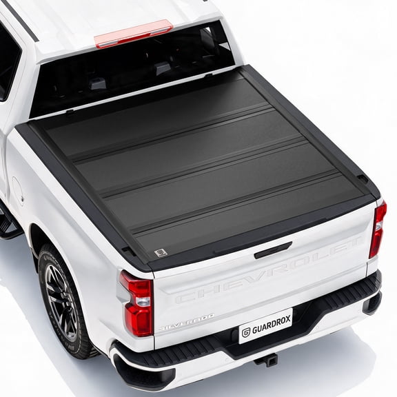 Guardrox L6 Low Profile Quad Fold Hard Tonneau Cover, 5.8FT, Fits 2019‑2026 Chevy Silverado/GMC Sierra 1500, Black, NOT for EV, No‑Drill Hard Truck Bed Cover