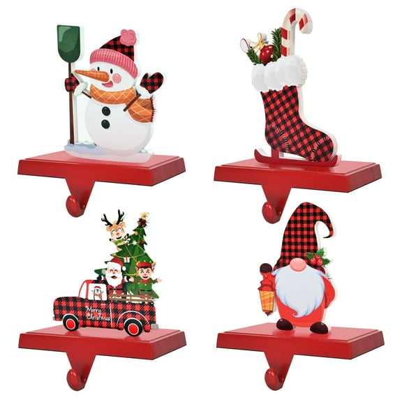 Guardwee 4 Pack Heavy Duty Christmas Stocking Holder Free Standing for Mantle, Xmas Metal Hooks Christmas Decor with Black and Red Buffalo Plaid and Snowmen, Trees, Trucks, Stockings Elements - Red
