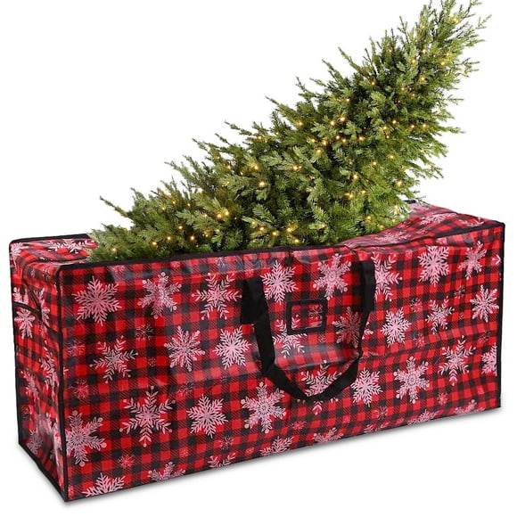 Guardwee 9 Ft Christmas Tree Storage Bags, Heavy Duty Storage Containers with Reinforced Handlesand and Dual Zippers for Wide Opening, Special Customized Snowflake Patterns (Red)