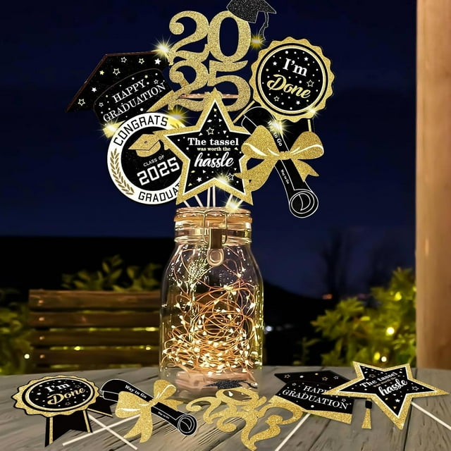 GuassLe 30pcs Glitter Black Gold Graduation Decorations for Class of 2025 - Black Gold Double Sided Graduation Table Centerpieces Sticks with LED String Lights for College School Grad Party Decor