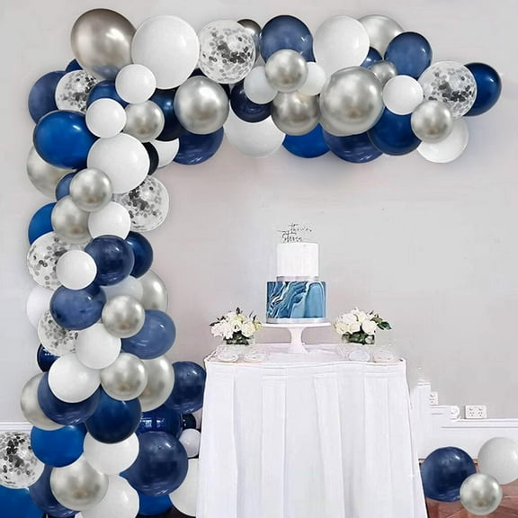 GuassLee 124pcs Blue Silver White Balloons Garland Arch Kit 5/10/12/18 Inch Royal Navy Blue White Metallic Silver Confetti Set for Birthday Wedding Graduation Party Father's Day Decor