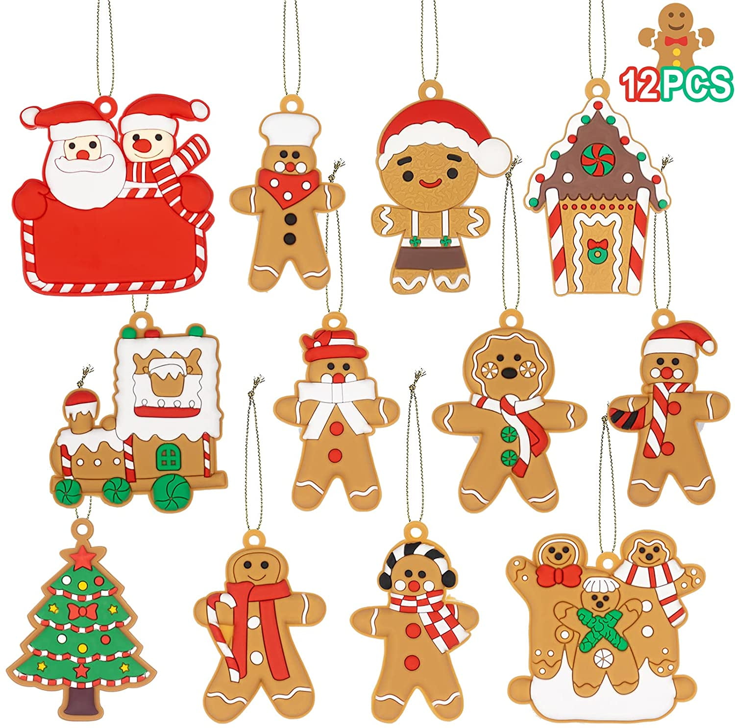 GuassLee 12pcs Gingerbread Man Decorations with Santa Claus Train Christmas Tree House Ornaments