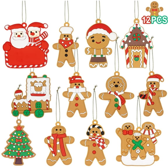 GuassLee 12pcs Gingerbread Man Decorations with Santa Claus Train Christmas Tree House Ornaments