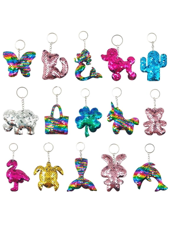 15Pcs Flip Sequin Keychain for Kids, Keychains Bulk for Classroom Prizes Gift Bag Fillers Birthday Party Favors