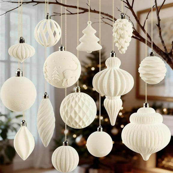 GuassLee 18Pcs Velvet Christmas Tree Ornaments Set, White Shatterproof Flocked Christmas Decorations Bulk for Tree, Classic Decorative Hanging Ball Ornaments for Xmas Holiday Home Party Decor