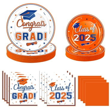 GuassLee 2025 Graduation Party Dinnerware Supplies - 200 Pcs Blue Orange Graduation Disposable Plates and Napkins for 2025 College High School Graduation Party Decorations, Serves 50