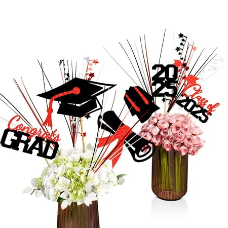 GuassLee Graduation Decorations Class of 2025 23pcs Black and Red Grad Glitter Centerpiece Sticks Table Toppers Decor with Metallic Foil Spray Star Grass for 2025 College High School Congrats Grad Su