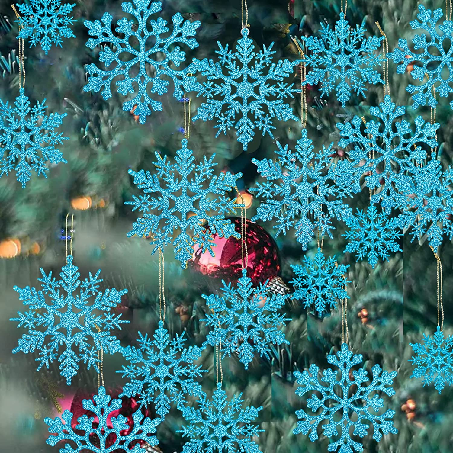 GuassLee 36 Pack Plastic Blue Snowflake Ornaments , Hanging