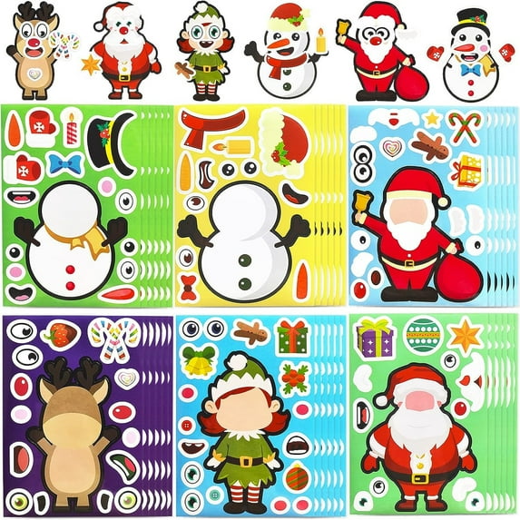 GuassLee 36 Sheets Christmas Stickers Party Favors for Kids Toddlers Craft DIY Santa Snowman Face Stickers Make Your Own Christmas Party Game Stickers