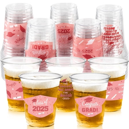 GuassLee Pink Graduation Decorations 2025 Party Cups - 50pcs 12 Oz Pink Disposable Graduation Plastic Clear Cups for Drinks Class of 2025 Grad Party Supplies
