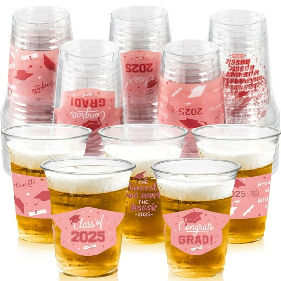 GuassLee Pink Graduation Decorations 2025 Party Cups - 50pcs 12 Oz Pink Disposable Graduation Plastic Clear Cups for Drinks Class of 2025 Grad Party Supplies