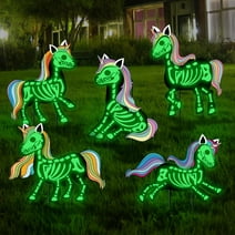 GuassLee 5pcs Halloween Colorful Unicorn Silhouette with Glow in Dark Skeletons Yard Signs with Stakes for Outdoor Yard Garden Lawn Decor
