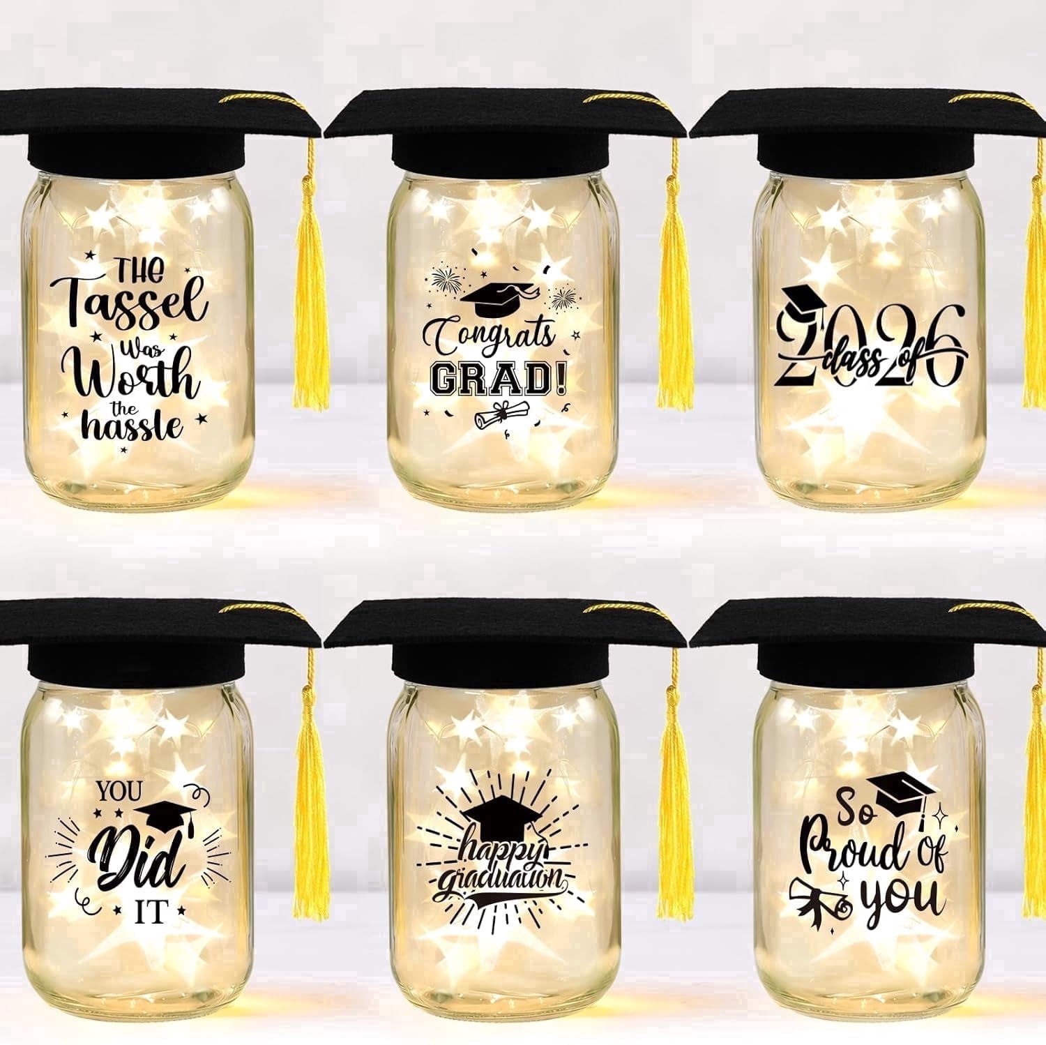 6 Sets 2026 Graduation Centerpieces for Tables, Mason Jar Centerpieces with Graduation Caps, Money Jars for College High School Congrats Grad Party Decor Supplies