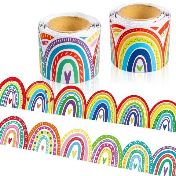 GuassLee 60ft Bulletin Board Border Decorations - 2 Rolls Rainbow Coated Classroom Rolled Border Trim for Classroom Back to School Chalkboard Board Border Decor