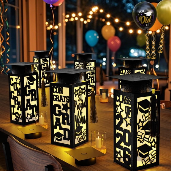 6 Pcs Graduation Table Centerpieces Boxes Class of 2026, Black Graduation Paper Lanterns Boxes with String Lights Hollow Out for Congrats Grad School College Table Decorations Grad Party Photo Props
