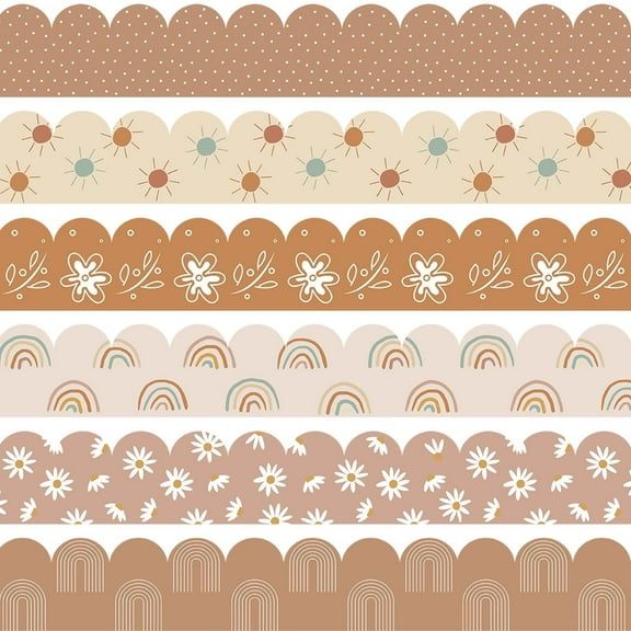 GuassLee 84Ft Boho Bulletin Board Borders, Boho Classroom Decorations, Retro Floral Daisy Sun Rainbow Dot Trim Borders for Teacher School Supplies Classroom Door Wall Decor, 6 Styles