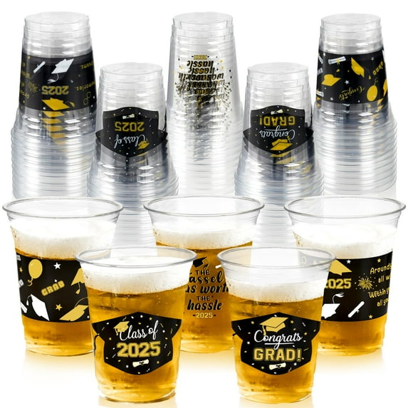 GuassLee Black and Gold Graduation Decorations 2025 Party Cups - 50pcs 12Oz Black Disposable Graduation Plastic Cups for Drinks Class of 2025 Grad Party Supplies