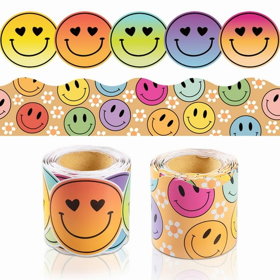 GuassLee Boho Bulletin Board Borders, Retro Classroom Bulletin Board Decorations, 60Ft Groovy Bulletin Board Border with Smile Face Die Cut Rolled Trim Border for School Classroom Door Wall Decor