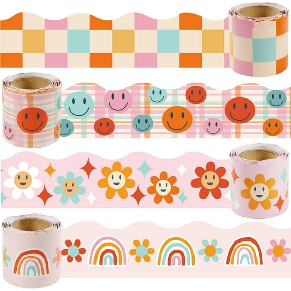 GuassLee Boho Bulletin Board Borders Retro Classroom Decor, 120Ft Groovy Bulletin Board Border Classroom Rainbow Decor Colorful Trim Border for Teacher School Supplie Classroom Decor, 4 Rolls