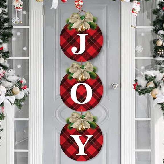 OuMuaMua 3Pcs Fabric Buffalo Plaid Christmas Wreaths with JOY Sign, Rustic Indoor Outdoor Wall & Garage Holiday Xmas Decor