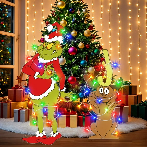 GuassLee Christmas Decorations Indoor Christmas Tree Decor - 2pcs  Lighted Green Gnome Christmas Yard Signs Welcome Signs with LED String Lights Back Braces for Yard Garden Lawn Outdoor Deco