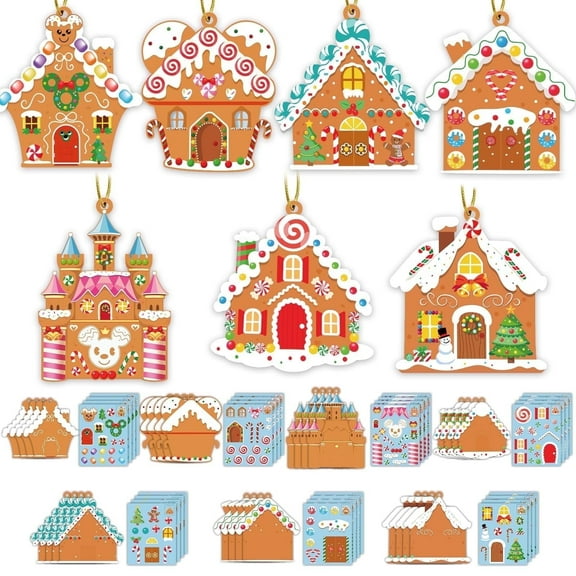 GuassLee Christmas Ornaments DIY Gingerbread House Cutouts with Lollipop Candy Cane Stickers for Kids, 28 Count