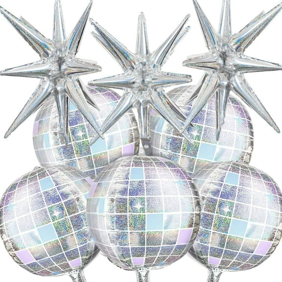 GuassLee Disco Ball Balloons for 70s 80s Disco Party Decorations, 22 Inch Large 4D Iridescent Disco Metallic Balloons with Stars for Disco Themed Party, Birthday New Year Bachelorette Decor, 8pcs