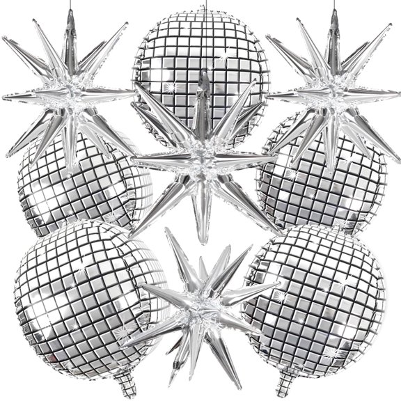 GuassLee Disco Ball Balloons for 70s Disco Party Decor, 22 Inch Large 4D Metallic Silver Disco Balloons with Stars Balloons for Disco Themed Party, Birthday New Year Christmas Decor 9pcs