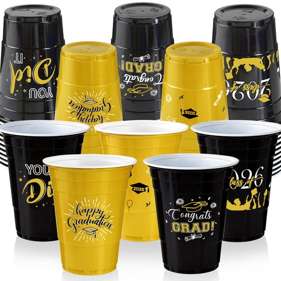 GuassLee Graduation Decorations 2026 Party Cups - 50pcs 16 Oz Gold and Black Disposable Graduation Plastic Cups for School Class of 2026 Grad Celebration Party Favors Supplies (5 Designs)