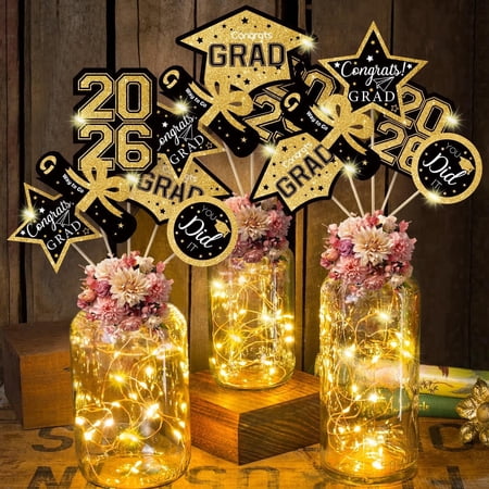 OuMuaMua Graduation Decorations Class of 2026-30pcs Black and Gold Graduation Table Centerpieces Sticks Table Toppers with Lights for College High School Congrats Grad Party Supplies
