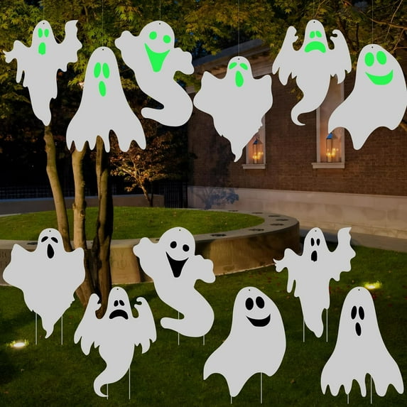 GuassLee Halloween Outdoor Decorations Yard Signs Stakes - 6PCS Ghost Lawn Decorations Signs with Face Sticker for Garden Yard Scary Halloween Decorations Outside
