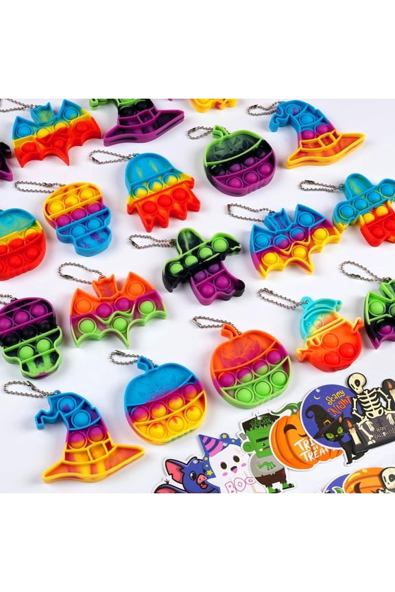 24pcs Halloween Mini Push Pop Keychain with Tags, Ghost Pumpkin Witch Hat for Halloween Decoration Party Favors Goodies Bag Fillers