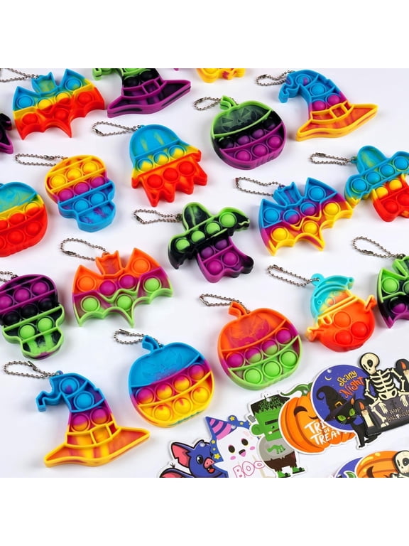 24pcs Halloween Mini Push Pop Keychain with Tags, Ghost Pumpkin Witch Hat for Halloween Decoration Party Favors Goodies Bag Fillers