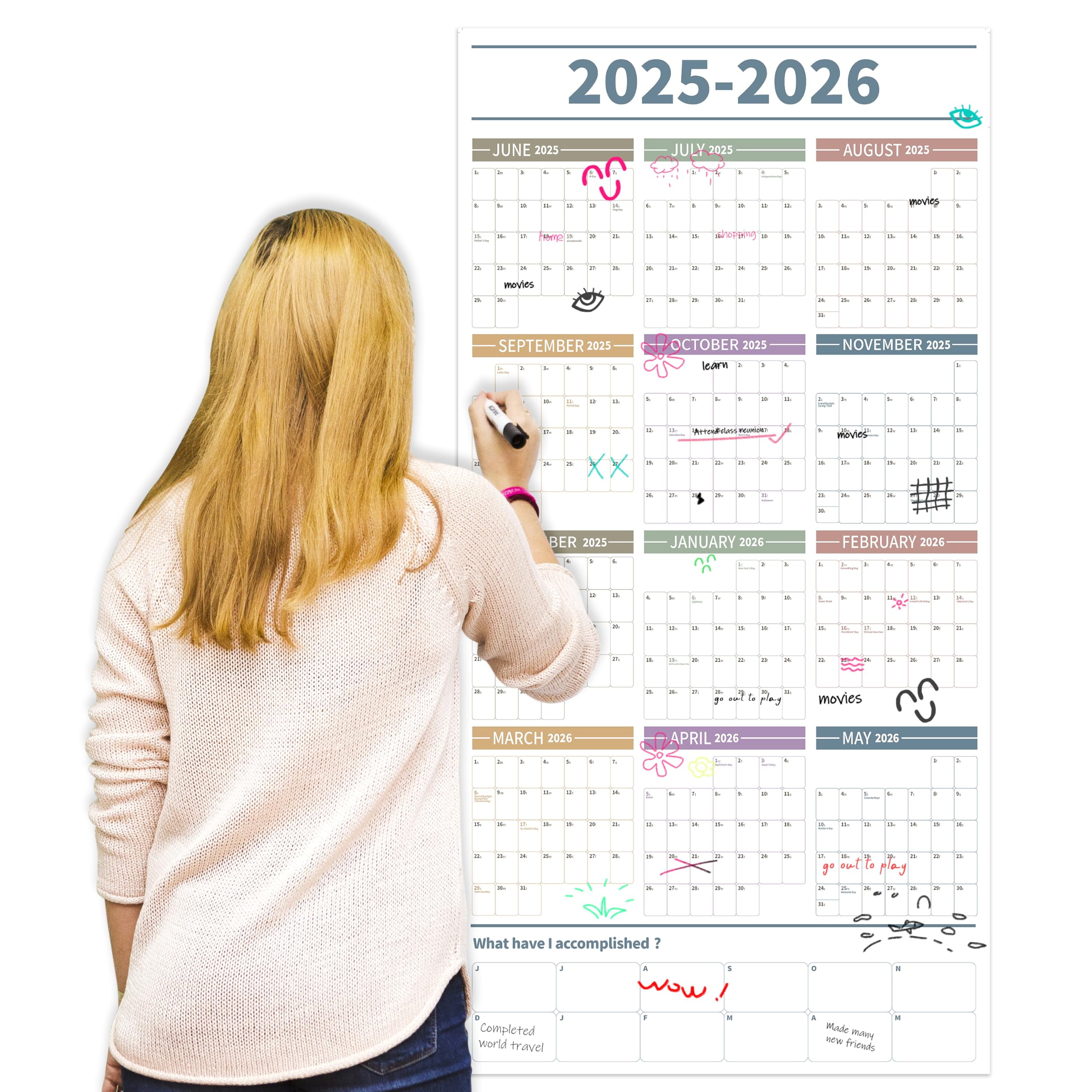 GuassLee Large Yearly Wall Calendar 2025-2026, Full Year Calendar One Page, Jun. 2025- May 2026, Annual Planner 2025, 24"X 48" Wall Planner 2025 Large with Foam Stickers