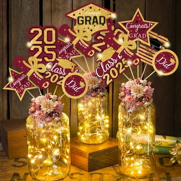 GuassLee Maroon and Gold Graduation Decorations Set of 24 Class of 2025 Table Decor Congrats Grad Party Centerpiece Sticks Table Toppers Graduation Party Supplies