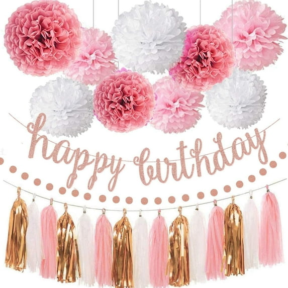 GuassLee Pink Rose Gold Birthday Party Decorations Set - 11 Pieces Paper Plastic