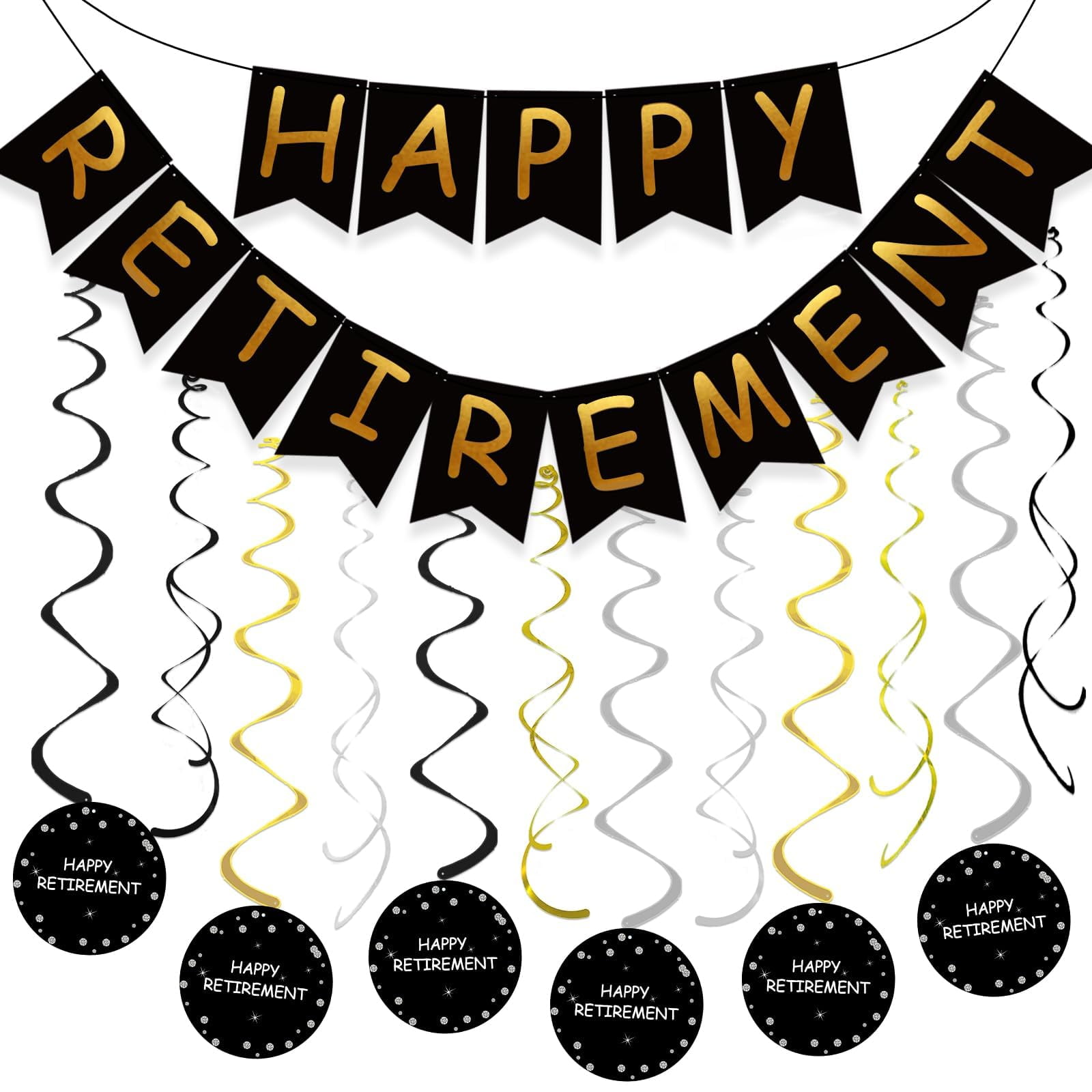 GuassLee Retirement Party Decorations for Men Women Black Gold Happy Retirement Banner Hanging Swirls Kit for Retirement Party Decor Supplies