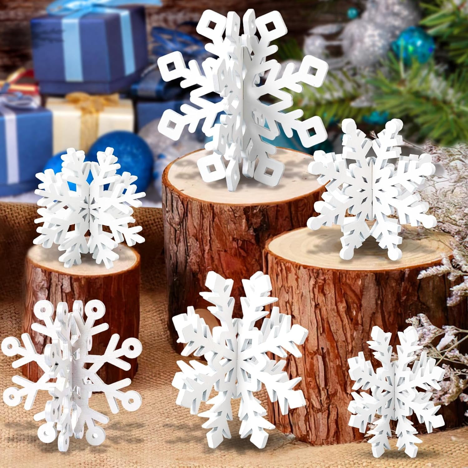 Guasslee 6 Set Snowflake Christmas Table Decorations - 12pcs White Wooden 3D Snowflake Decor Tabletop Centerpiece for Christmas Party Supplies Home Decor
