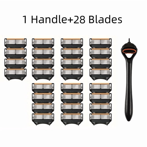OOINQQ 6-layer Blade Black Wolf Manual Razor, 1 Handle+28 Replacement Blades Heads, Safe Shaving Smooth Material, Men'S Facial Care Tool, Men's Safety Razor