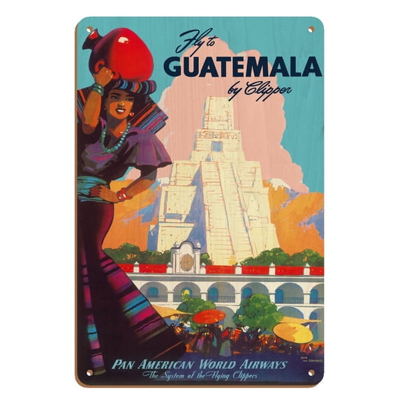 Guatemala by Clipper - Tikal Mayan - Vintage Airline Travel Poster by Mark Von Arenburg c.1949 - 8 x 12 inch Vintage Wood Art Sign
