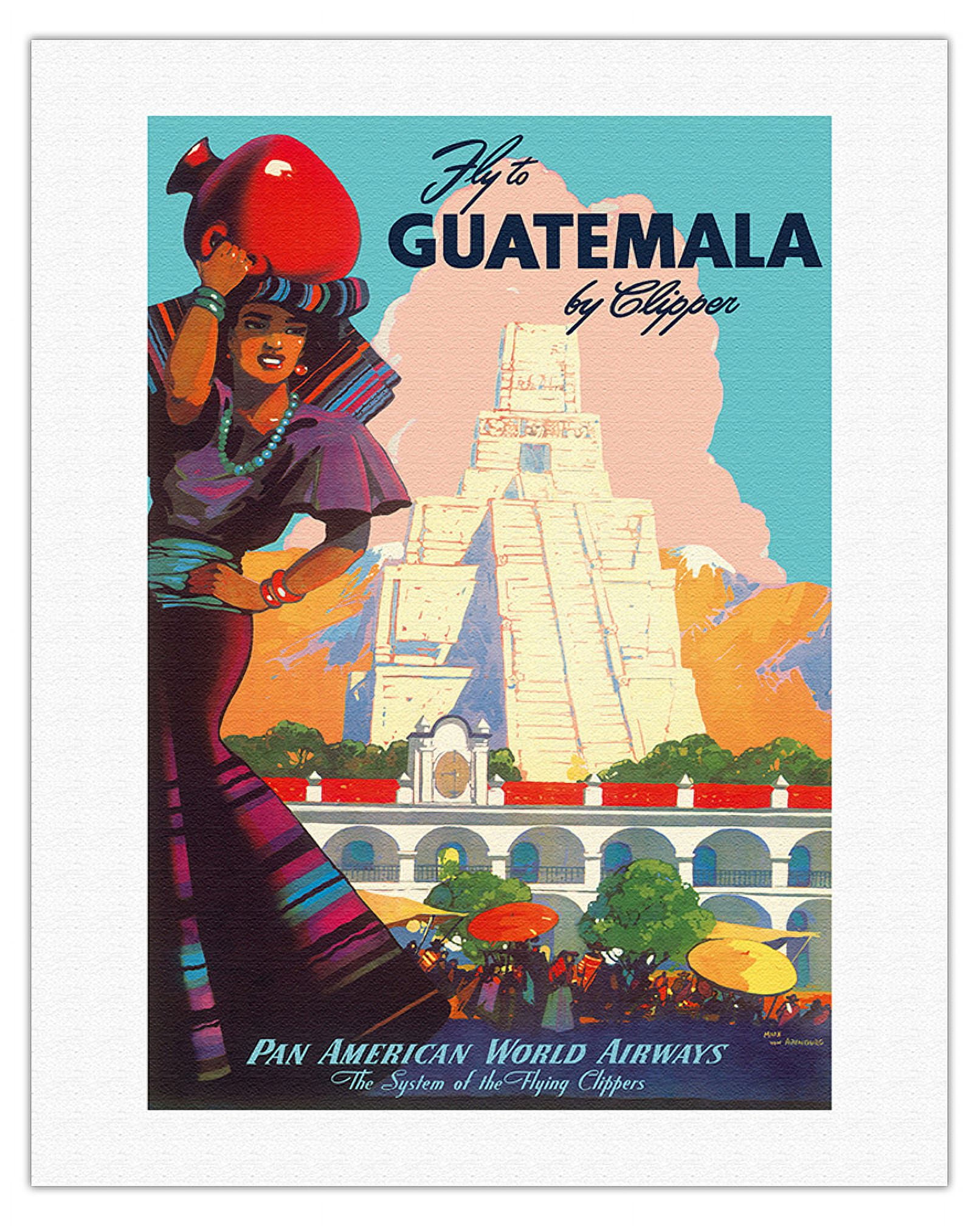 Guatemala by Clipper - Tikal Mayan - Vintage Airline Travel Poster