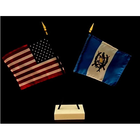 Guatemala Desk Flag Set; Contains One USA and One Country Flag with a White Crossed Base, American Made