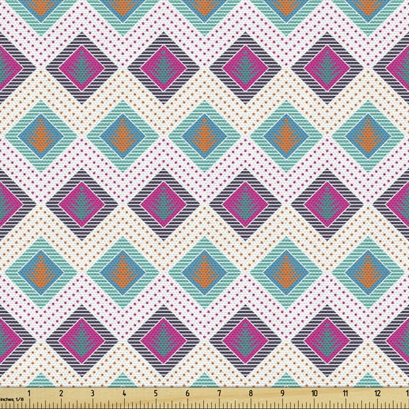 Ambesonne Guatemalan Fabric by the Yard Upholstery, Abstract Geometric Folk, 5 Yards, Multicolor