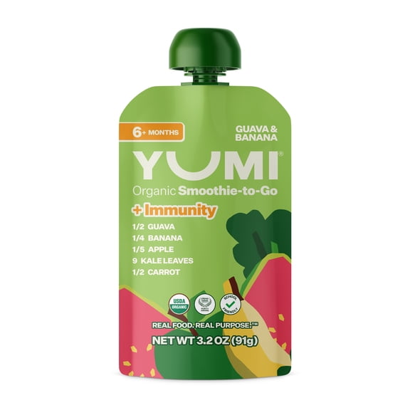 Yumi Organic Toddler Smoothie To Go, Guava Banana Apple, Vitamin C, 3.2 oz Pouch