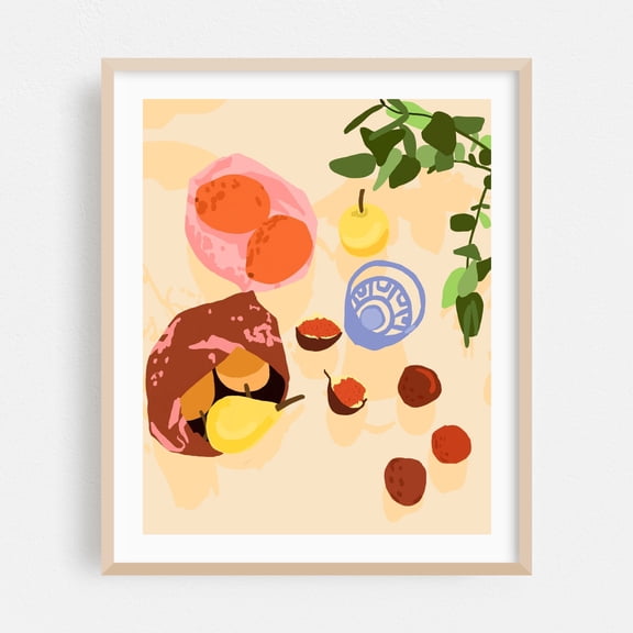 Guava Grove Gala - India Digital Art Fruit Modern Art Kitchen Decor Minimalist Botanical Abstract Pastel Oak Framed Wall Art Print 6 x 8 inches