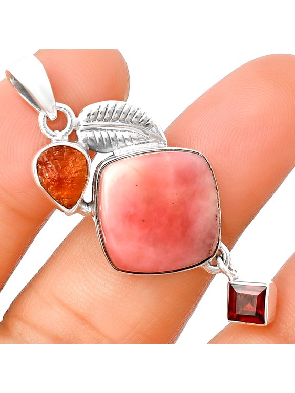 Guava Quartz, Sunstone Rough & Garnet 925 Sterling Silver Pendant Jewelry P-1414 SDP137736